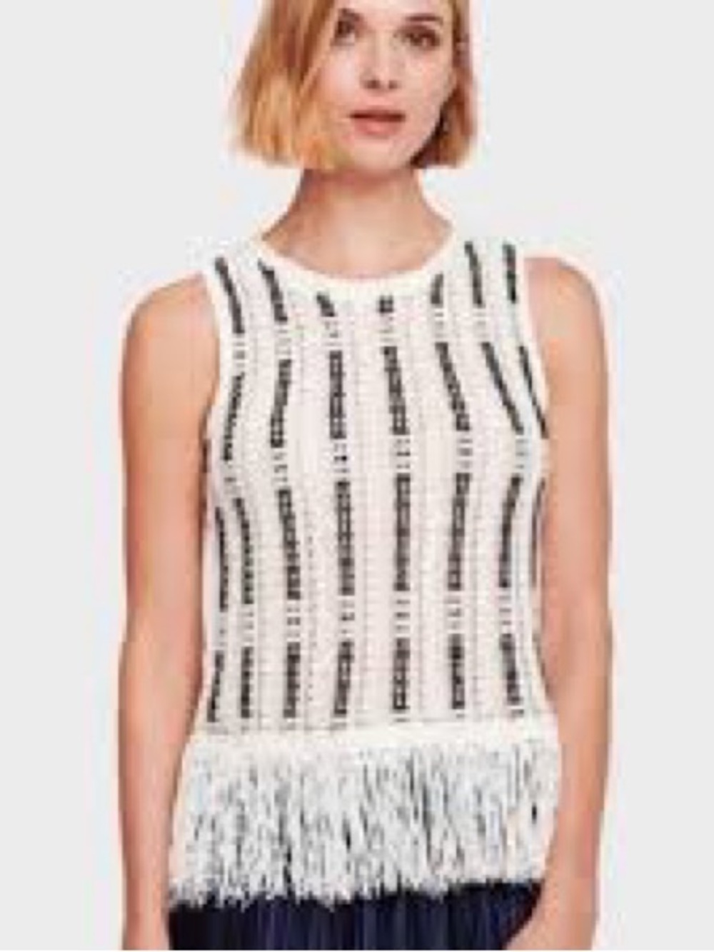 White + Warren Women's Cream Knit Fringe Tank Top with Black Stripe Detail